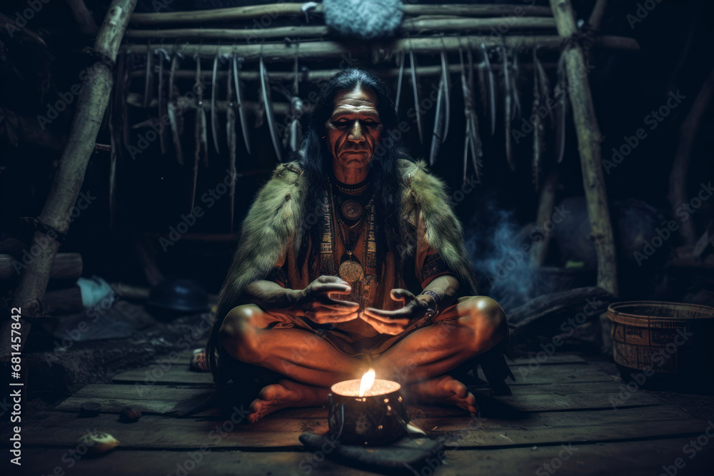 Native American shaman performing a spiritual ritual with feathers