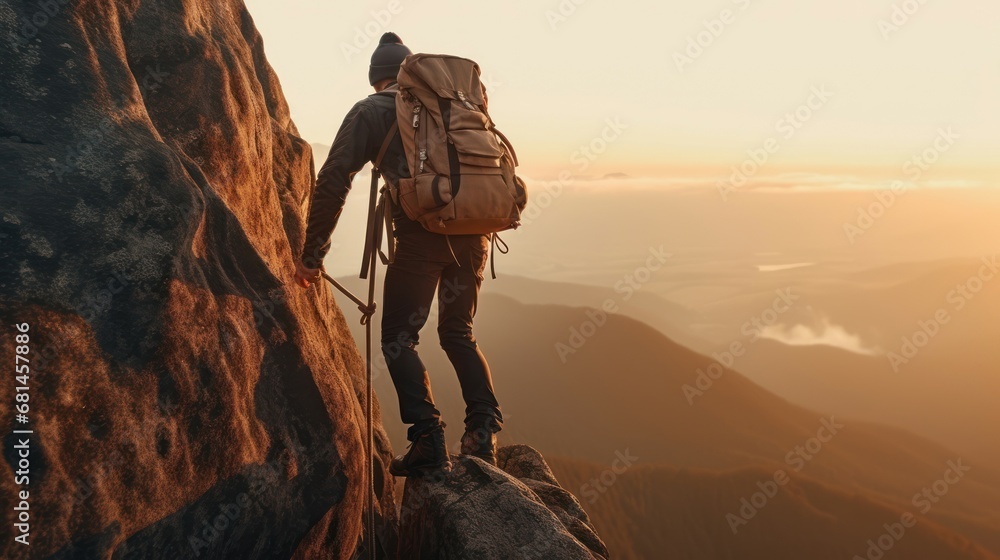 Determined male hiker ascending mountain