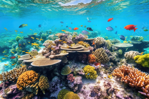 Vibrant underwater coral reef with diverse fish swimming among corals © GVS