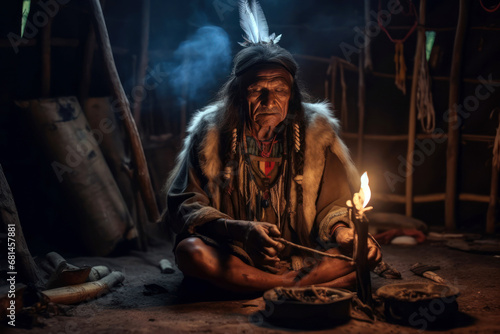 Native American shaman performing a spiritual ritual with feathers
