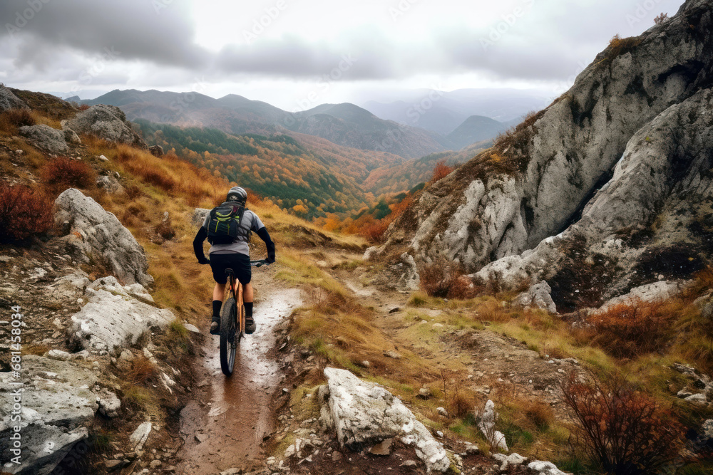 Mountain biker on a trail with autumn colors in a mountain Mountain biker on a trail with autumn colors in a mountain