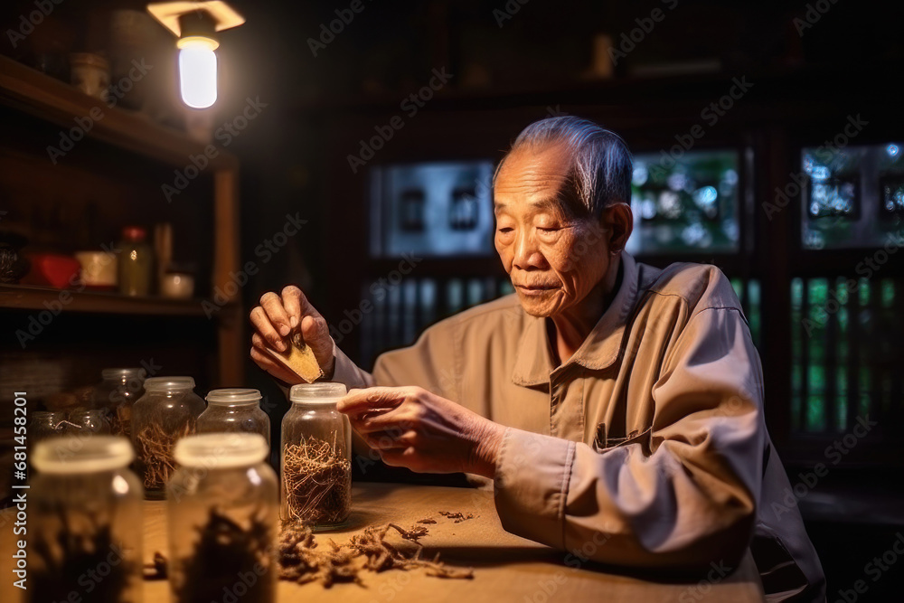 Elderly Asian herbalist examines ginseng roots in traditional apothecary. Prepares a healing tincture