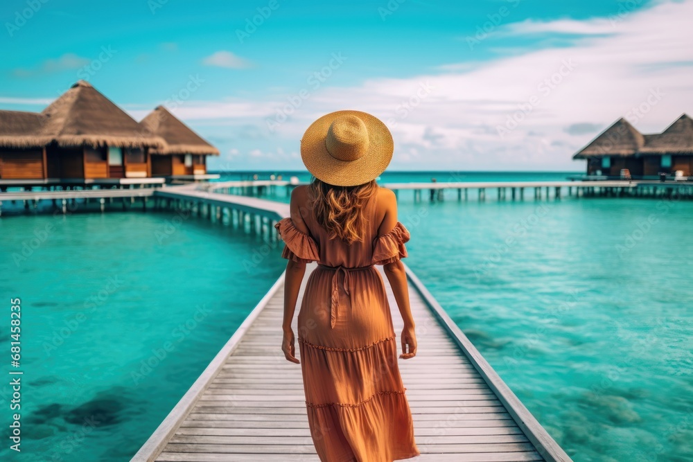 Obraz premium Woman in a summer dress walking on a pier in the Maldives