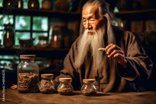 Wise elderly Asian herbalist examines ginseng root in a traditional apothecary with shelves of jars.
