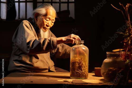 Elderly Asian herbalist examines ginseng roots in traditional apothecary. Prepares a healing tincture photo