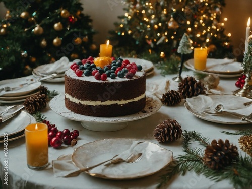 Festive cake on a beautifully decorated table