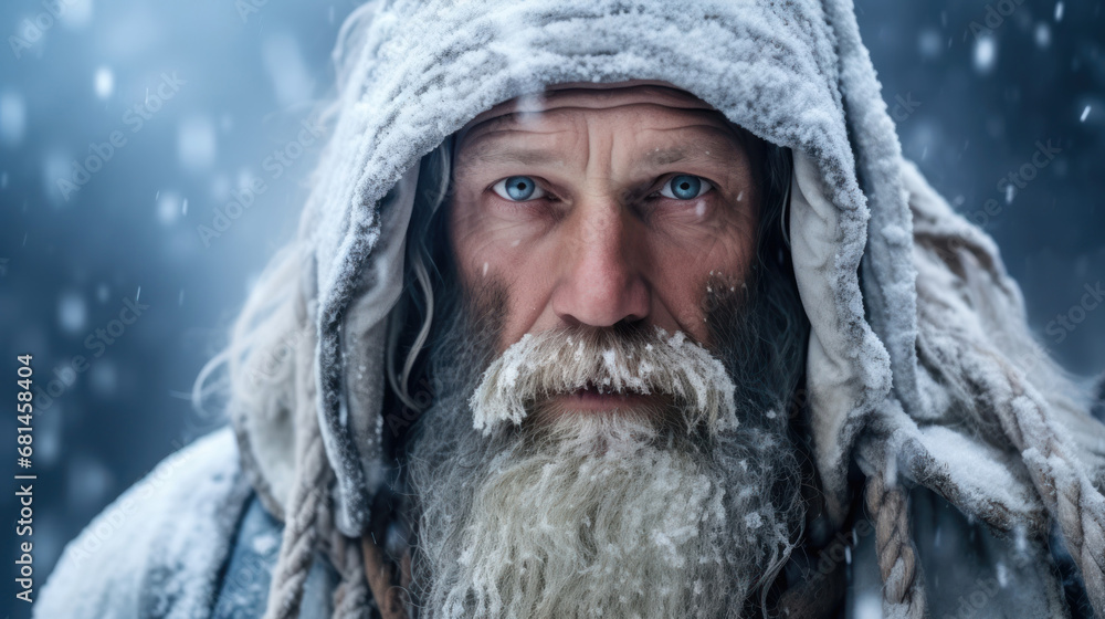 bearded elderly man in a snowy winter environment