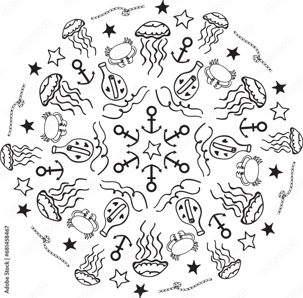 Nautical decorative ornament in doodle style in vector
