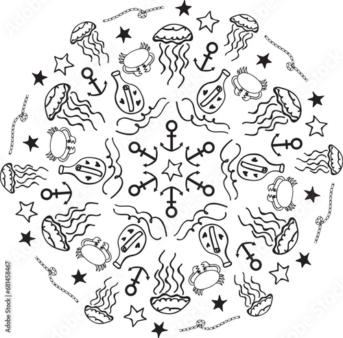 Nautical decorative ornament in doodle style in vector