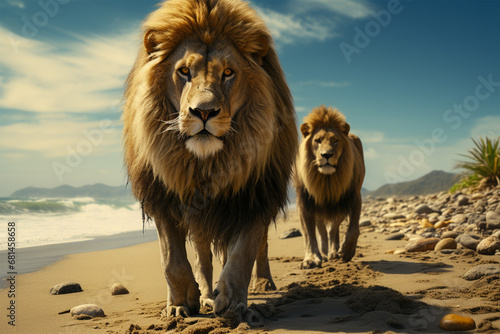 a pair of lions are walking