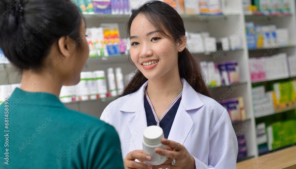 A caring female pharmacist talking to a customer