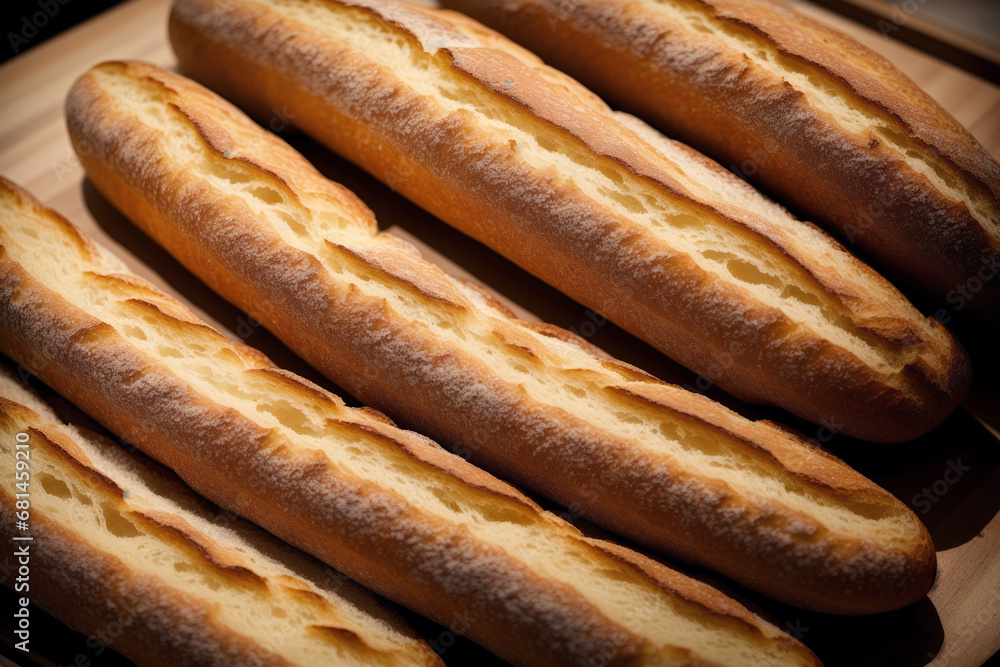 Freshly baked bread on a wooden board, close-up.Bagel Generative AI