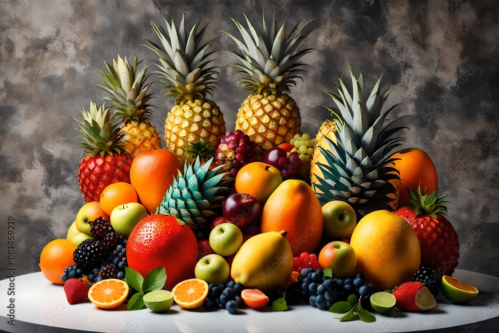 Generate an image of a 3D-printed fruit sculpture centerpiece that doubles as a refreshing fruit salad, showcasing the beauty of technology and nature combined