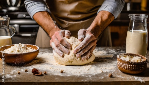  A man's hands knead the dough