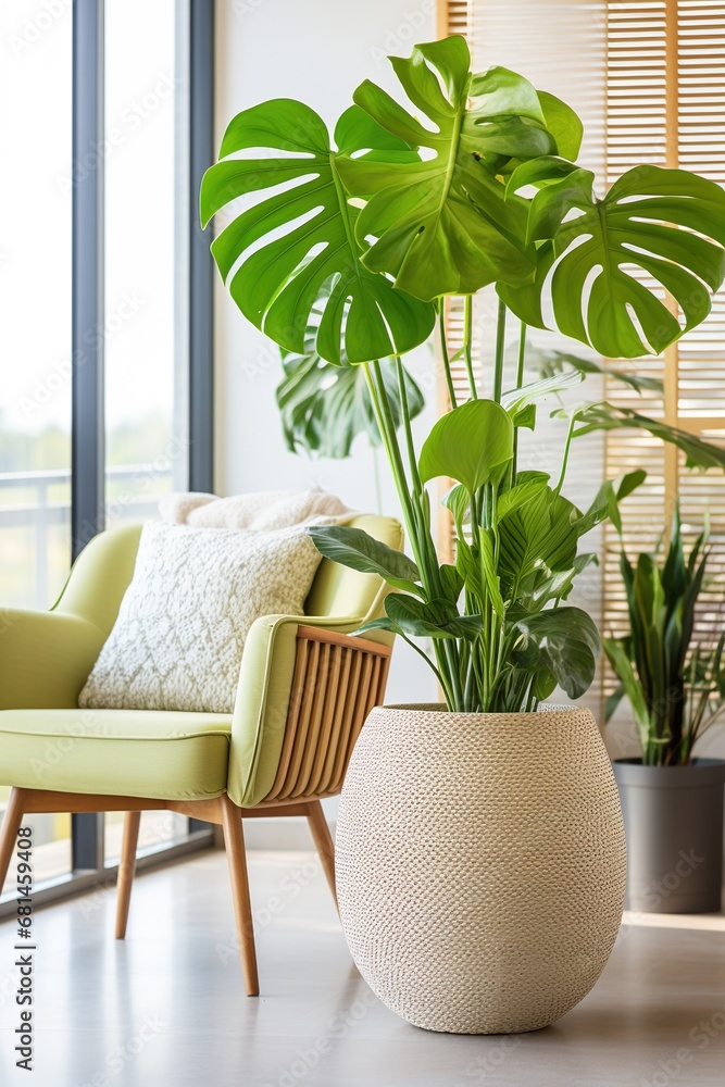 vertical image closeup of a green tropical plant in a modern interior with an armchair vertical image closeup of a green tropical plant in a modern interior with an armchair