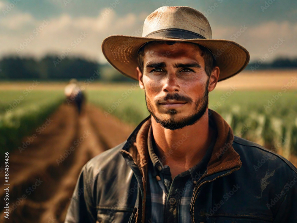 Portrait of a handsome farmer standing in the field. Agriculture concept.IA generativa