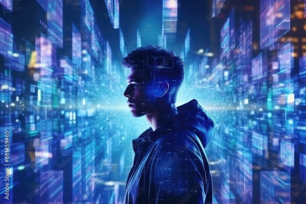 Man Contemplating in a Digitally Constructed Reality Man Contemplating in a Digitally Constructed Reality