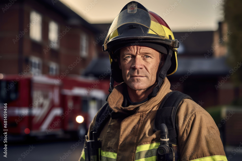 Dedicated Firefighter in Front of Fire Engine Dedicated Firefighter in Front of Fire Engine