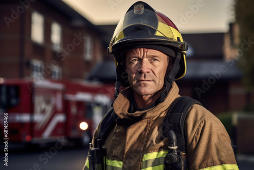 Dedicated Firefighter in Front of Fire Engine