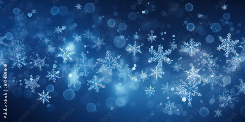 Abstract banner  winter background with glowing snowflakes and bokeh on a blue backdrop.For greeting card o web page design. Christmas or New Year event organizing agency. Copy space for text.




