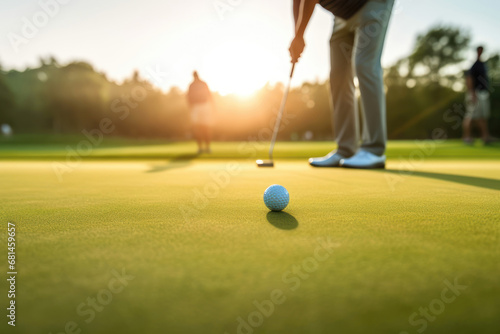 Golfer Focused on Perfecting the Putt at Sunset