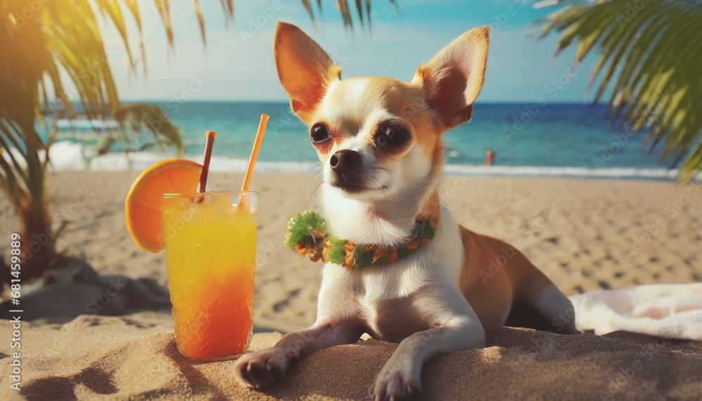 Chihuahua dog is relaxing on the beach with a cocktail. Resort holiday concept with pets 
