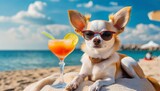 Chihuahua dog is relaxing on the beach with a cocktail. Resort holiday concept with pets 