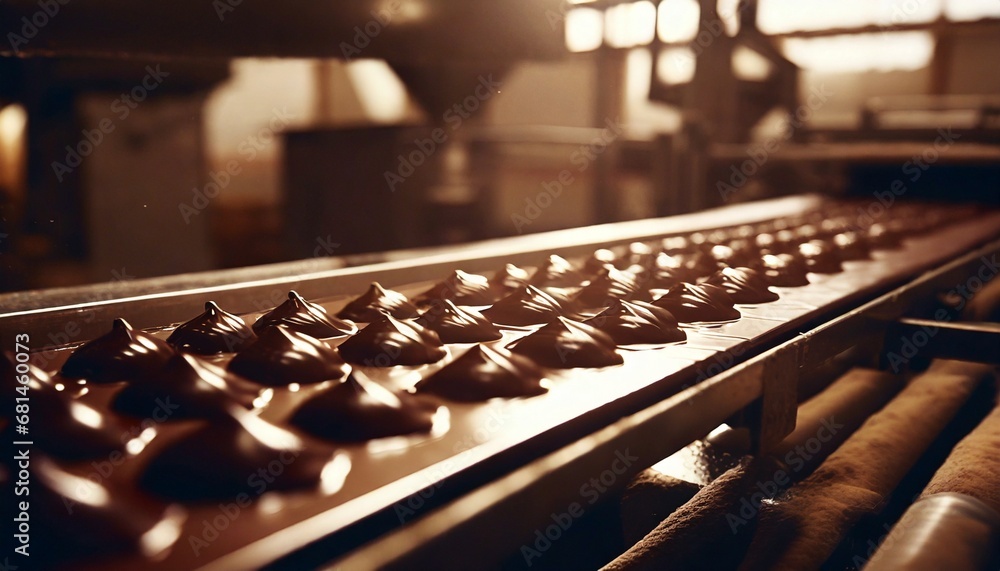 Chocolate factory's conveyor process close up Chocolate factory's conveyor process close up