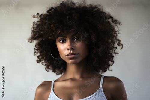 Portrait of beautiful young african american woman with curly hair.