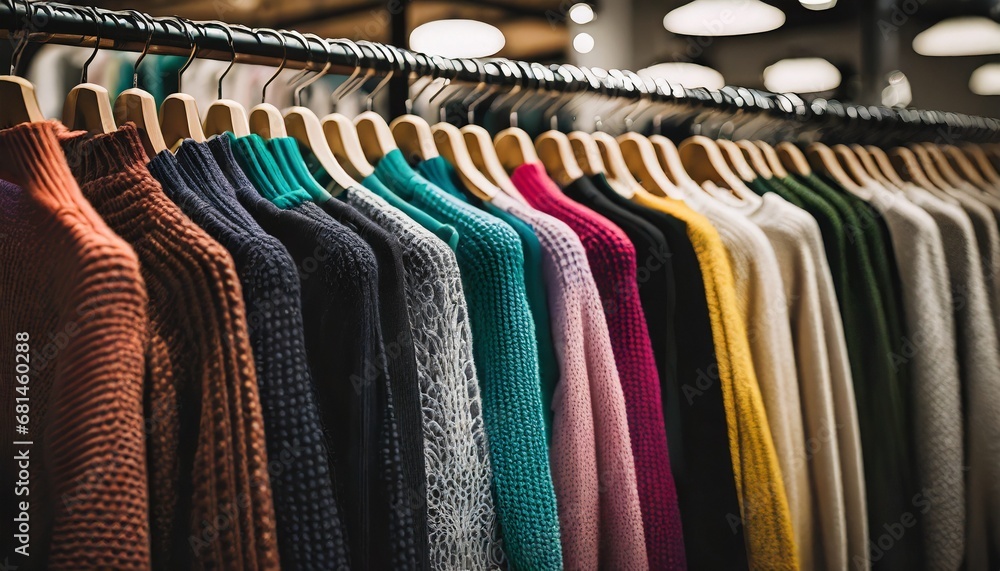 Colorful knitted women's sweaters on hangers in clothing store Colorful knitted women's sweaters on hangers in clothing store