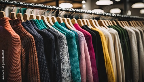 Colorful knitted women's sweaters on hangers in clothing store
