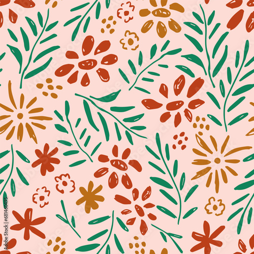 Simple vector floral seamless pattern. Small flowers  green branches and leaves on a pink background. For fabric prints  textile products.