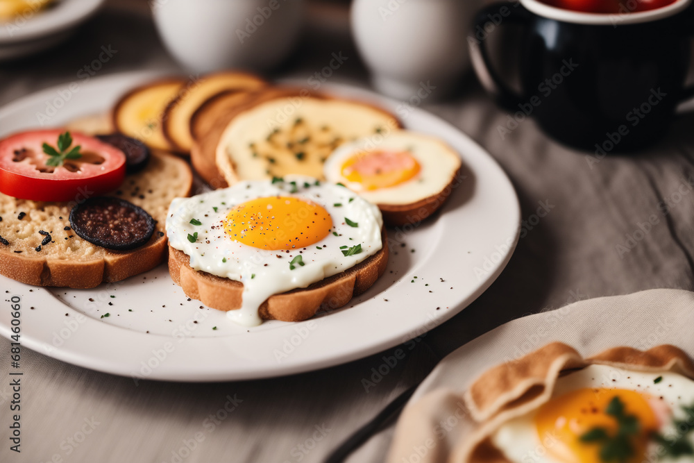 Breakfast with fried eggs and toast on white plate, closeup. Generative AI Breakfast with fried eggs and toast on white plate, closeup. Generative AI