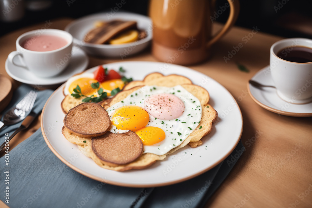 Breakfast with fried eggs and toast on white plate, closeup. Generative AI Breakfast with fried eggs and toast on white plate, closeup. Generative AI