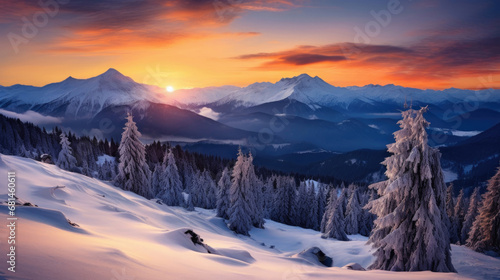 Winter mountain landscape at sunrise