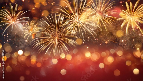  Festive golden fireworks on a red background with bokeh, text space