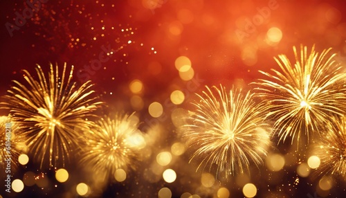  Festive golden fireworks on a red background with bokeh  text space