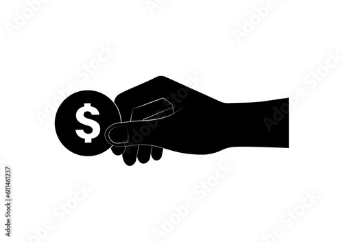 Hand Holding Coin Icon Silhouette Black and White. Vector Illustration. Growing Money, Saving and Investment Concept. 