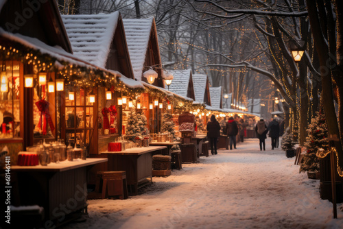 romantic christmas market with illuminated and decorated wooden shops in snow photo