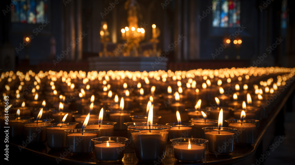 A group of candles are lit in a church - obrazy, fototapety, plakaty 