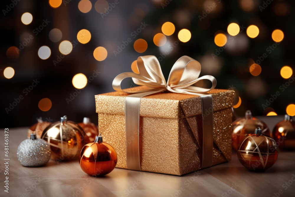 Closeup Golden Gift Box on Christmas Tree Background. Merry christmas and Happy New Year concept.