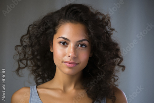 Portrait of beautiful young woman with curly hair looking at camera.