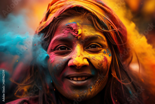 A indian girl celebrating Holi with powder colours or gulal.