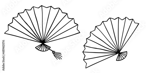 Open folding hand fan with tassel isolated on white. Black line drawing sketch in doodle style. Vector picture for women's accessories or asian tradition illustration, oriental design, print. photo