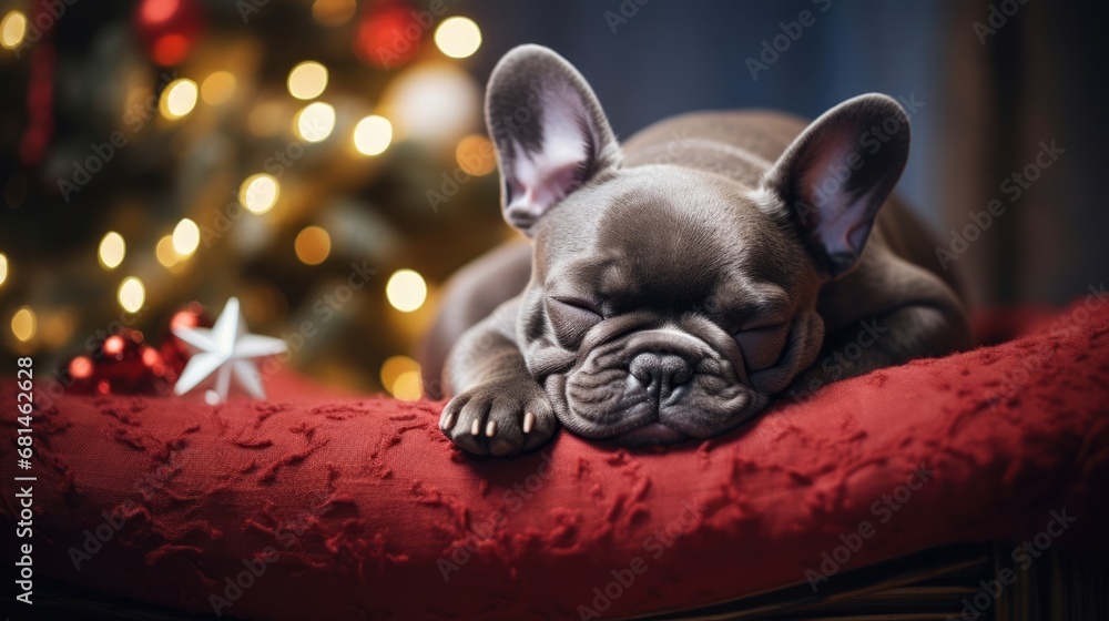 cute dog sleep with christmas decoration and lights on background