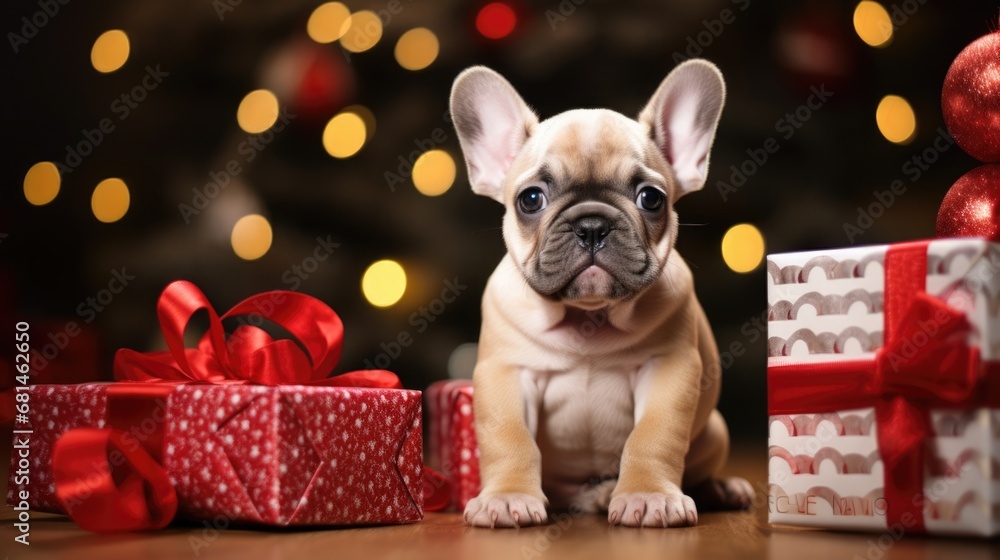 cute little puppy with Christmas decorations and lights on background