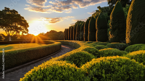 Depicts a perfectly trimmed hedge against a sunset background, symbolizing the end of summer, an ideal time for this gardening activity.