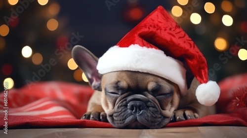 cute dog sleep with christmas decoration and lights on background © Maryna
