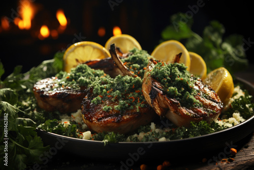 Grilled Lamb chops with herbs, lemon and pesto on a plate and black background. photo