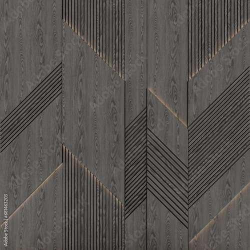 Fototapeta Naklejka Na Ścianę i Meble -  Wooden geometric decorative panel with backlighting. 3D render